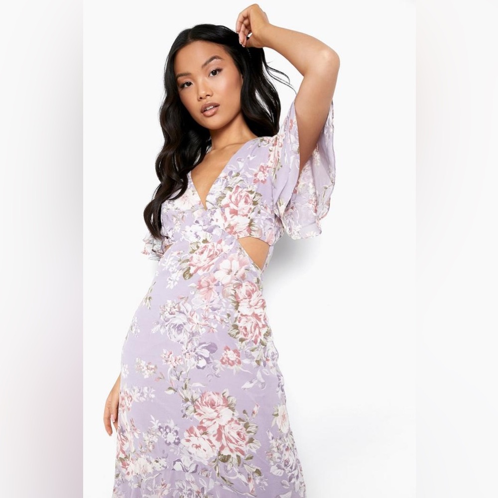 Floral Lavender Maxi Print Angel Sleeve Long Cut Out Open Back Dress - Picture 2 of 7